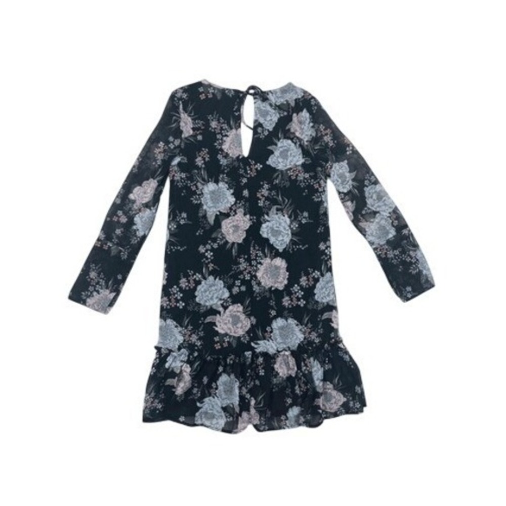H&M Divided Black Floral 3/4 Sleeve Sheer Shift Dress Ruffle Edge Size 2 - Picture 2 of 7